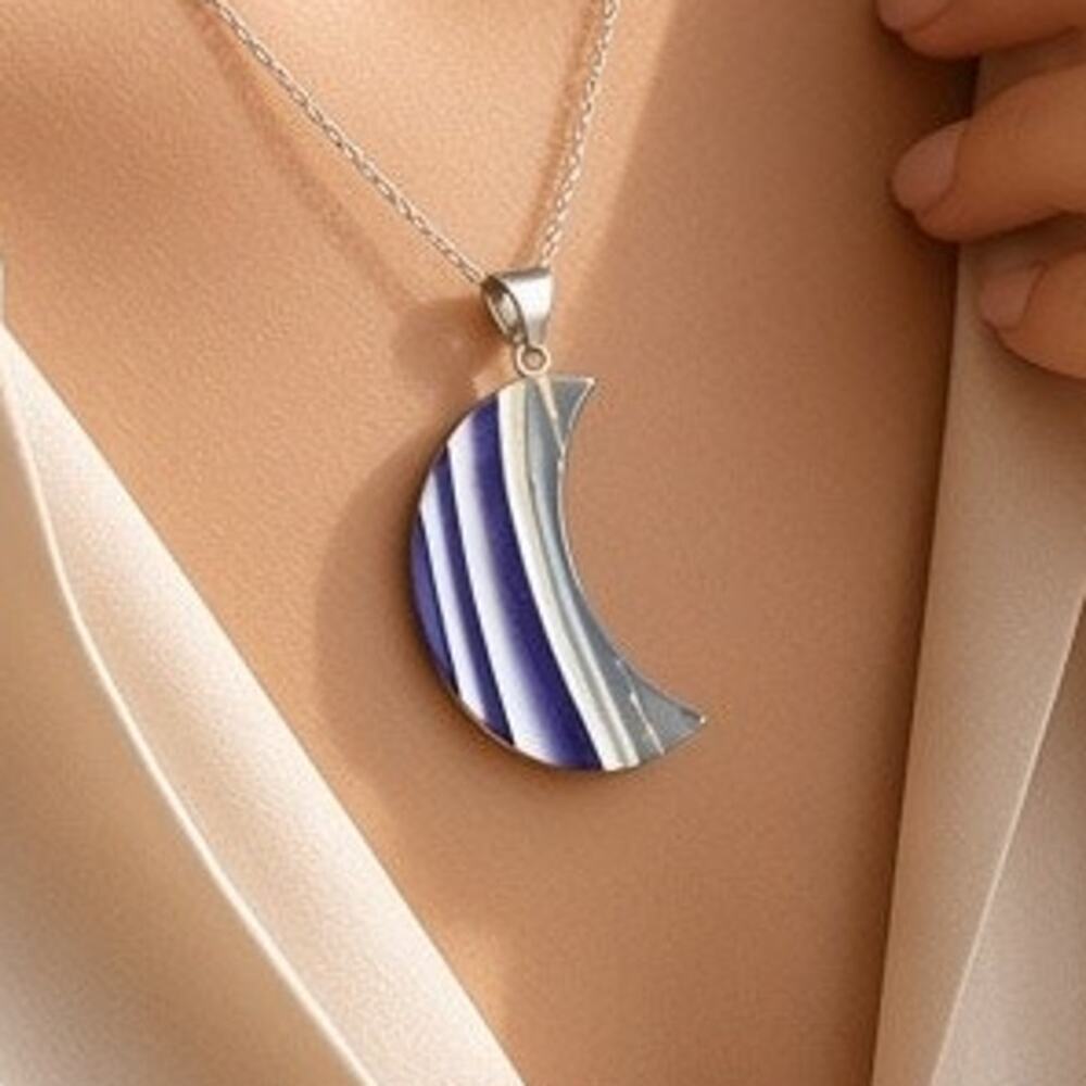 Vintage Art Glass Crescent Moon Pendant Purple White Striped Celestial Jewelry